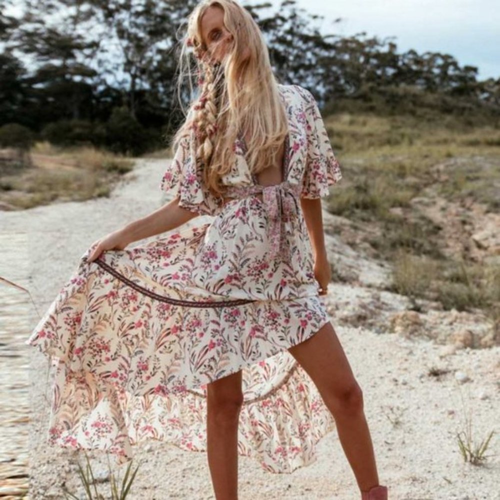 New Boho Summer Floral Hi Low Open Back Dress - Picture 2 of 13